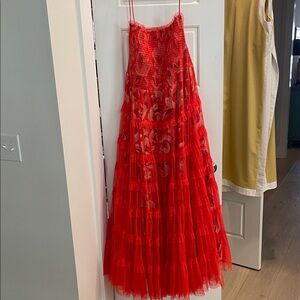 Anthropologie sheer red polkadot tool and floral tube top dress